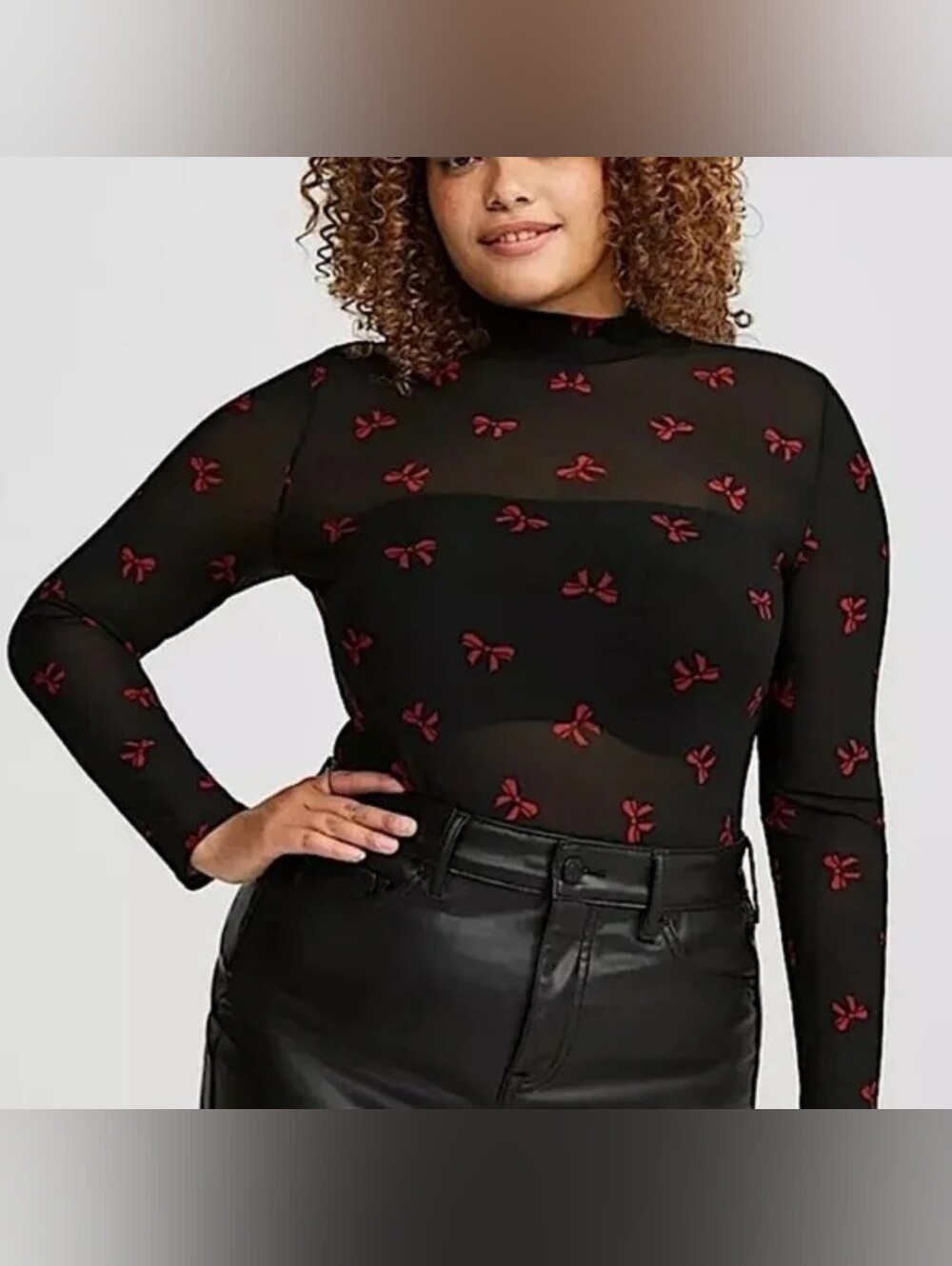 Torrid Black Mesh Mock Neck Long Sleeve Top Red Bow Print Plus Size 1x 1